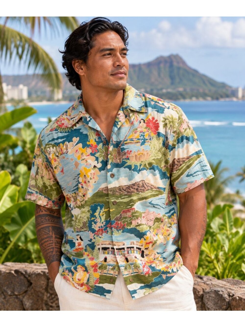 Tori Richard Honolulu Men’s L Hawaiian Shirt Diamond Head Scenic Aloha Cotton
